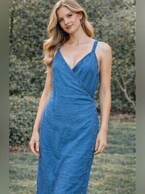 Blue V-Neck Linen Blend Slip Dress